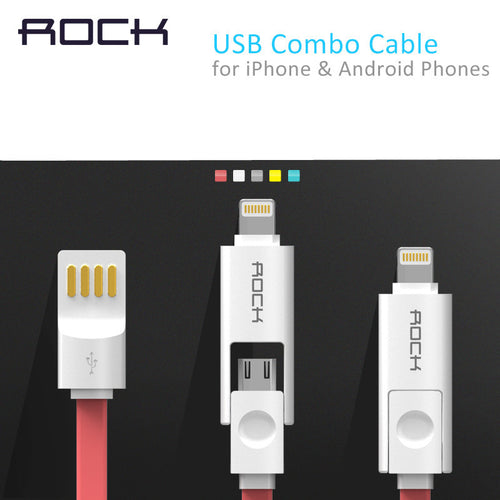 ROCK Original 2 in 1, 1m 2m 32cm 5 color USB phone cable for iPhone 5/5s 6 and Samsung S6 charging data line for Light Micro