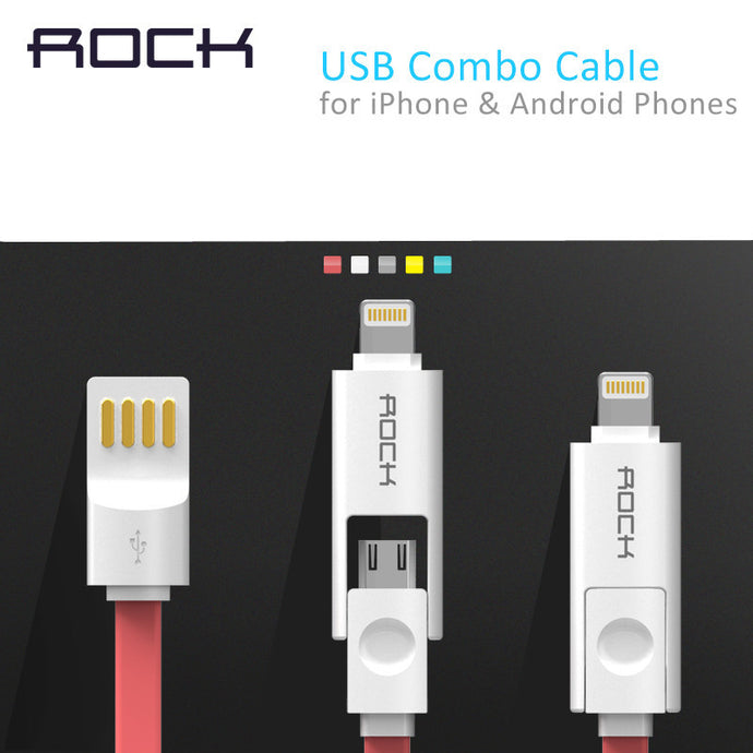 ROCK Original 2 in 1, 1m 2m 32cm 5 color USB phone cable for iPhone 5/5s 6 and Samsung S6 charging data line for Light Micro