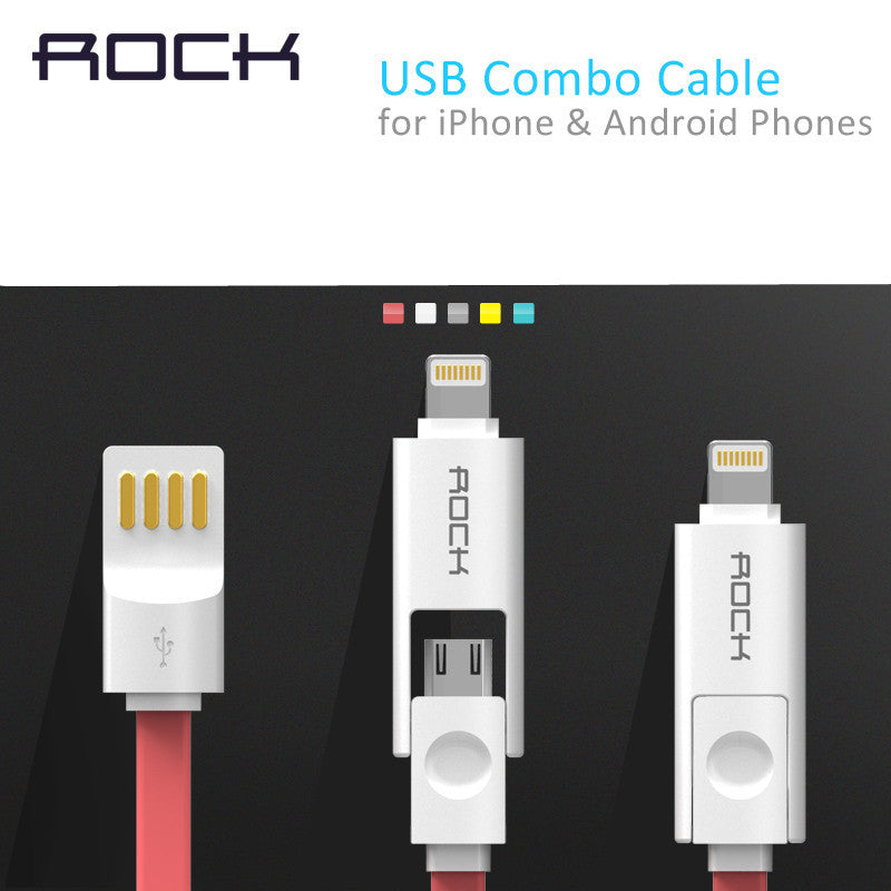 ROCK Original 2 in 1, 1m 2m 32cm 5 color USB phone cable for iPhone 5/5s 6 and Samsung S6 charging data line for Light Micro